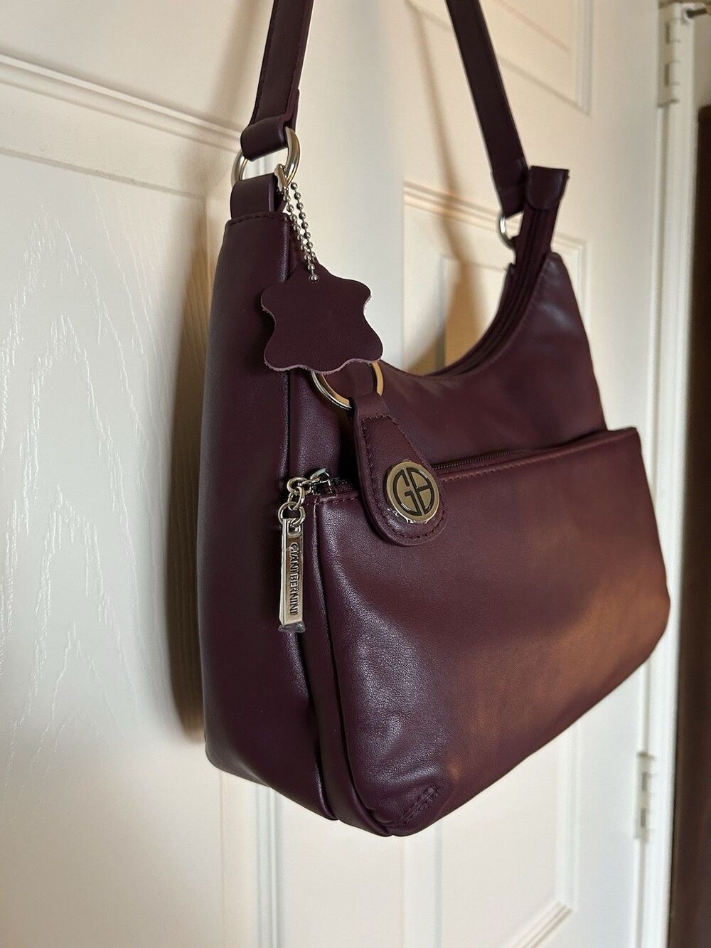 Giani Bernini Nappa Leather Hobo Bag Burgundy 2 Outer Zip Pockets NWOT